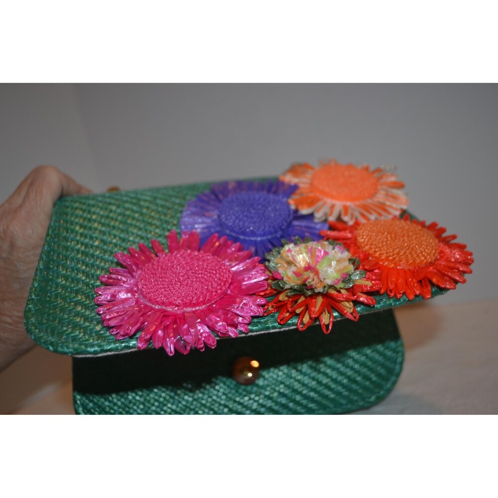 Bermuda Bag Vintage Green with Raffia Flowers Bamboo Handle with Chain Crossbody - Picture 2 of 5